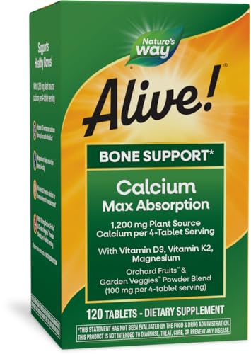 Nature's Way Alive! Vitamin D & K2 Supplement - Bone Support, Plant-Sourced Calcium - 120 Tablets