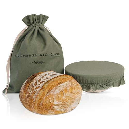 KIBAGAs Linen Bread Bag & Proofing Cover - Keeps Bread Fresh, Food-Safe Materials - 15x12in