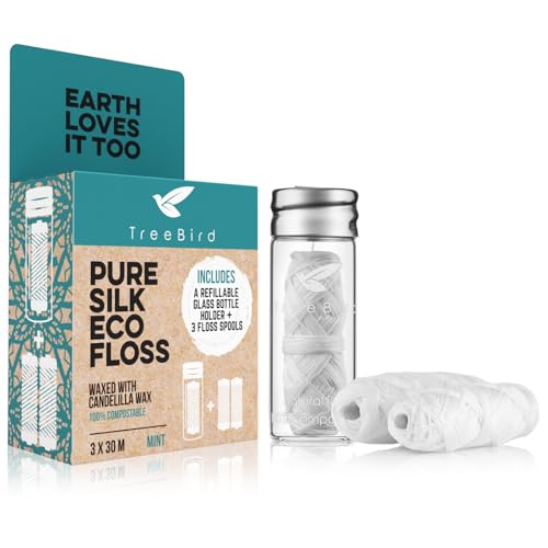 TreeBird Dental Floss - 100% Compostable, Natural Silk & Mint, Refillable Glass Dispenser - 99yd