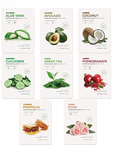 Natural Peau Collagen Essence Face Mask - Hydrating, Vitamin E Infused, 8 Varieties - 28g