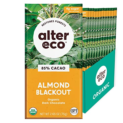 Alter Eco Chocolate Bars - 85% Dark Cocoa, Fair Trade, Organic, Non-GMO - 12-Pack Almond Blackout