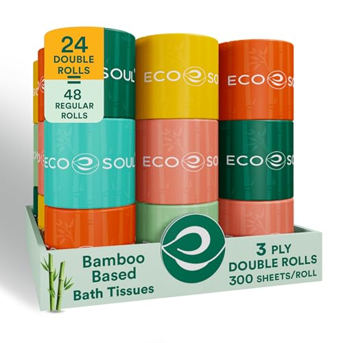 ECO SOUL Bamboo Toilet Paper - Soft 3-Ply, Hypoallergenic, Biodegradable - 24 Mega Rolls