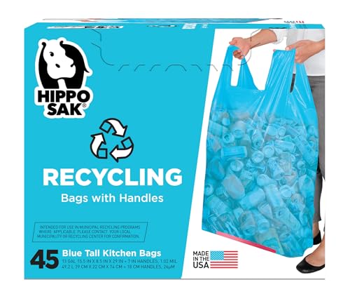 Hippo Sak 13 Gallon Recycling Bags - Strong Handles, Clear Visibility for Easy Sorting - 45 Count