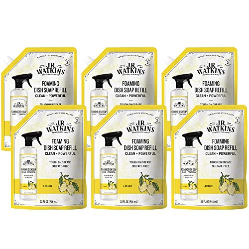 J.R. Watkins Foaming Dish Soap Refill Pouch - Gentle on Skin, Plant-Based, Lemon - 32 fl oz, 6 Pack