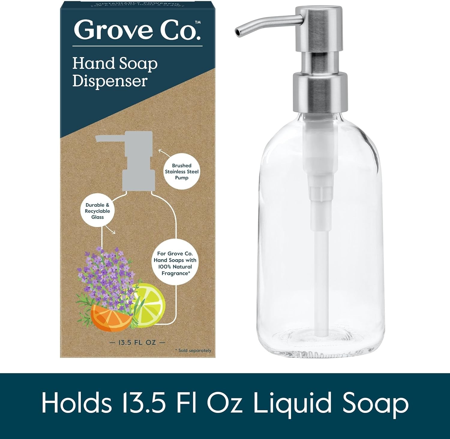 Gel Hand Soap Dispenser (13.5 Oz) 2 X Refillable Glass Bottles with Stainless Steel Pump, Reusable Liquid Soap Refill Set, Square Base, Reduce Plastic Waste Bundle