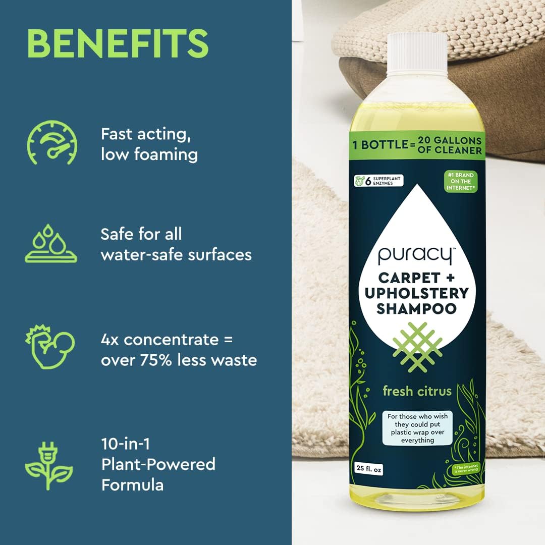 Puracy Carpet Shampoo - Pet Stain Remover, Natural Ingredients, Low Foam - 25oz Makes 20 Gallons