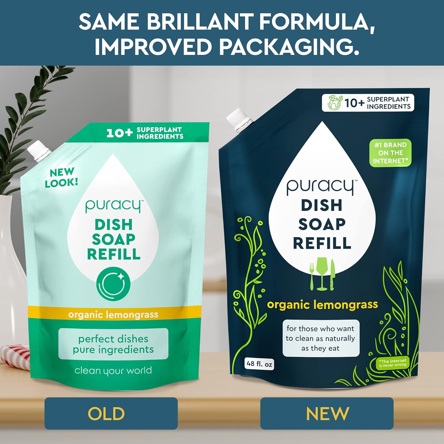 Puracy Dish Soap Refill - Skin-Softening Plant-Based Formula, Organic Lemongrass - 48oz