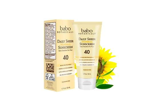 Babo Botanicals Daily Sheer Mineral Sunscreen SPF40 - Gentle for Sensitive Skin, 70% Organic - 3oz