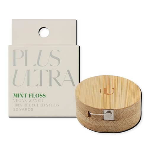 New Plus Ultra Dental Floss - Mint Flavor, 100% Recycled Nylon, Refillable Bamboo Case - 32 Yards