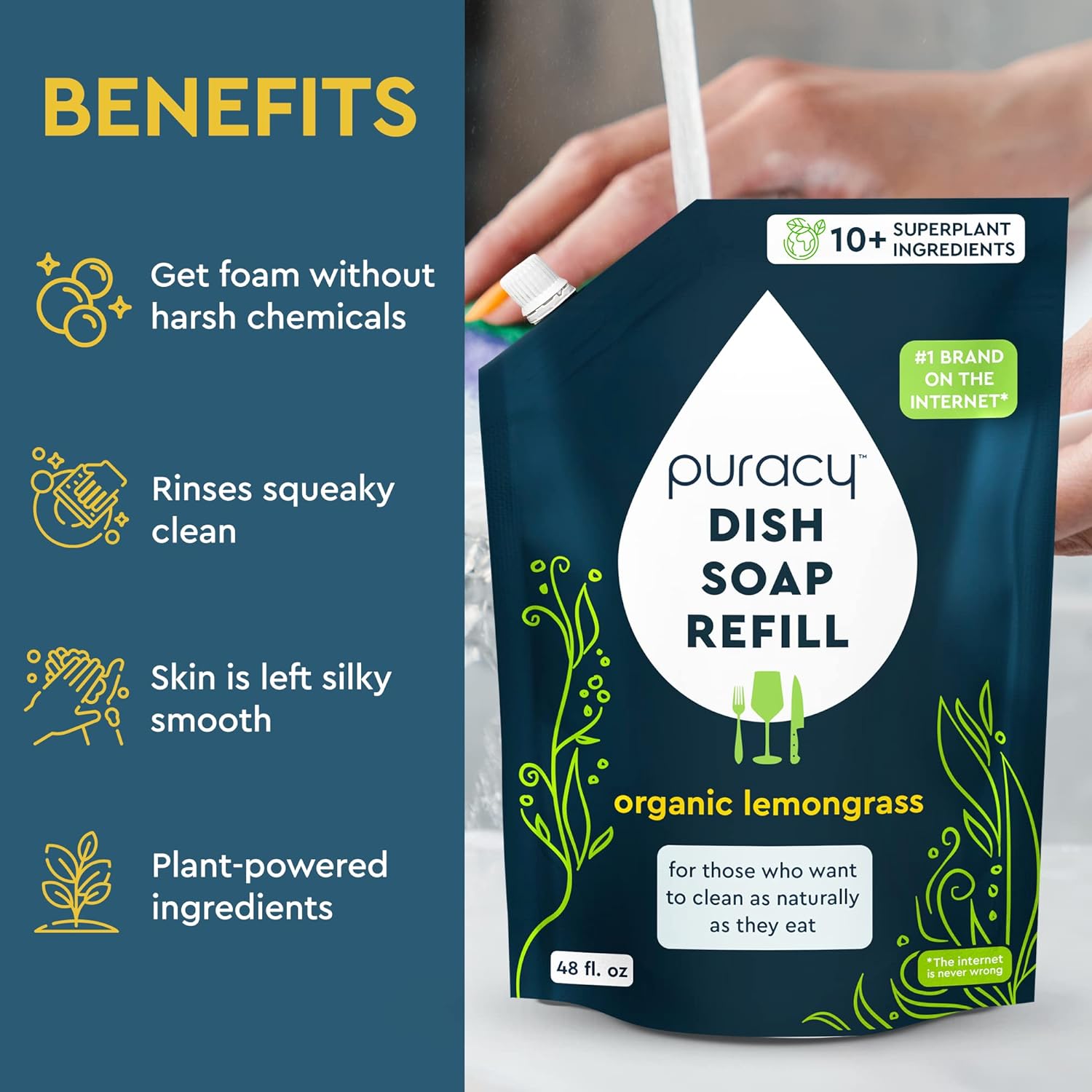 Puracy Dish Soap Refill - Skin-Softening Plant-Based Formula, Organic Lemongrass - 48oz
