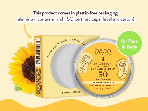 Babo Botanicals Mineral Sunscreen Balm SPF50 - Hydrating, EWG Verified, Fragrance-Free - 3oz