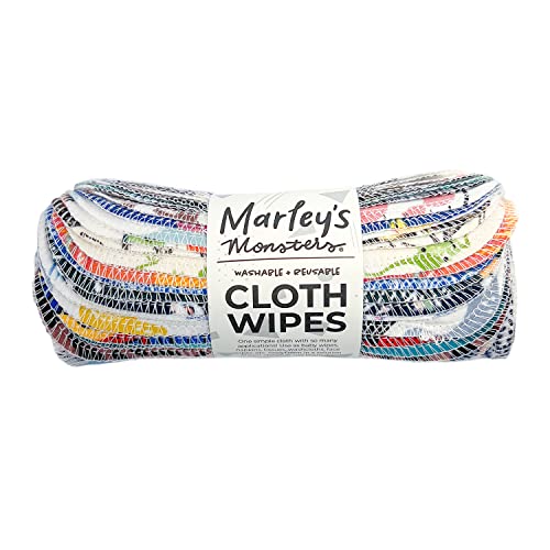 Marley's Monsters Reusable Cloth Wipes - Soft, Absorbent Cotton, Washable - 24 Pack, Surprise Prints