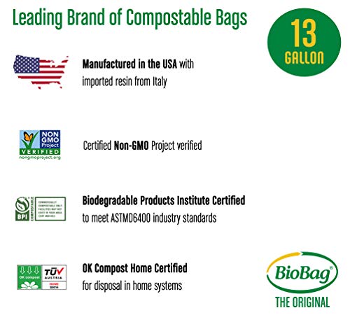 BioBag Compostable Kitchen Trash Bags - 100% Certified, 13 Gallon, 48 Count, USA Made