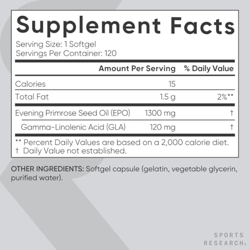Sports Research Evening Primrose Softgels - Women's Health & Skin Support, 1300mg, 120 Count