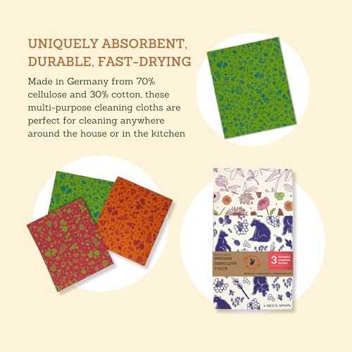 Bee's Wrap Swedish Dish Cloths - Durable, Compostable, Assorted Patterns - Set of 6