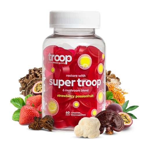 Troop Daily Super 6 Mushroom Blend - Immunity, Energy, Gut Health - Vegan Gummies, 60 Count