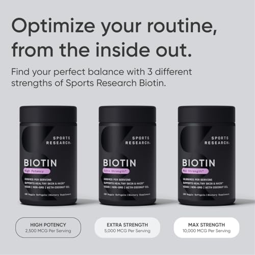 Sports Research Vegan Biotin 5000mcg - Supports Healthier Hair & Skin, Non-GMO - 120 Softgels