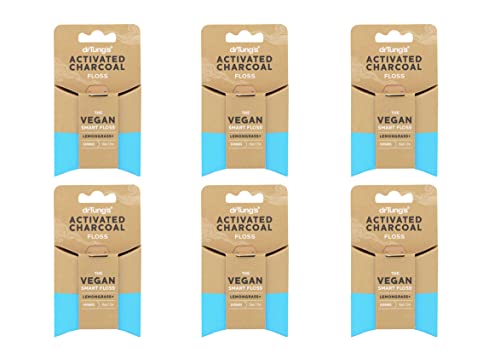 DrTung's Vegan Activated Charcoal Dental Floss - Gentle on Gums, Plant-Based, Lemongrass - Pack of 6