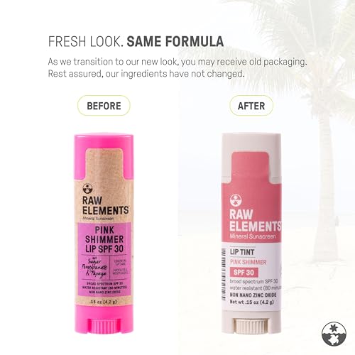 Raw Elements Pink Lip Shimmer - Broad Spectrum SPF 30, Water Resistant, Reef-Safe - 0.15oz