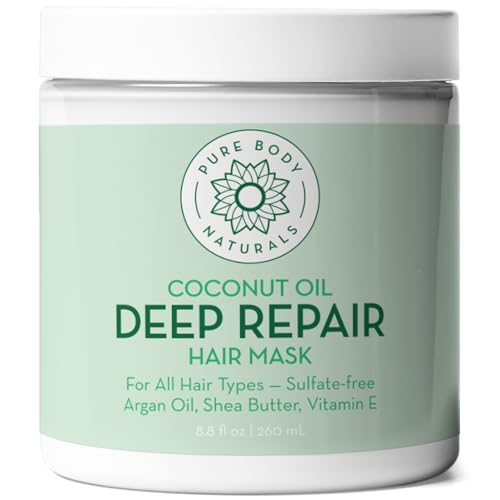 Pure Body Naturals Coconut Oil Hair Mask - Deep Conditioning, Moisturizes & Repairs - 8.8oz