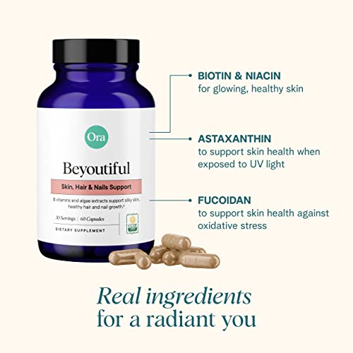 Ora Organic Hair, Skin & Nails Support - B Vitamins & Algae for Healthy Glow - 60 Vegan Capsules