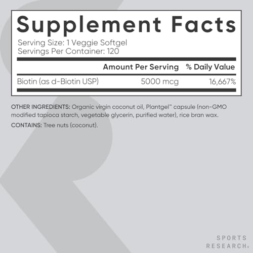 Sports Research Vegan Biotin 5000mcg - Supports Healthier Hair & Skin, Non-GMO - 120 Softgels