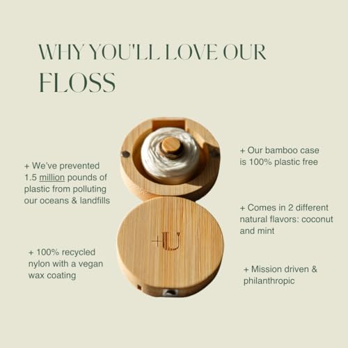 New Plus Ultra Dental Floss - Mint Flavor, 100% Recycled Nylon, Refillable Bamboo Case - 32 Yards