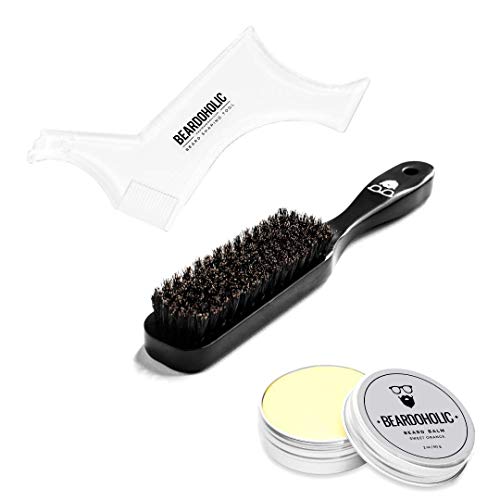 Beardoholic Beard & Mustache Trimmer Set - 100% Natural Balm & Boar Brush, Orange Scent - 2oz
