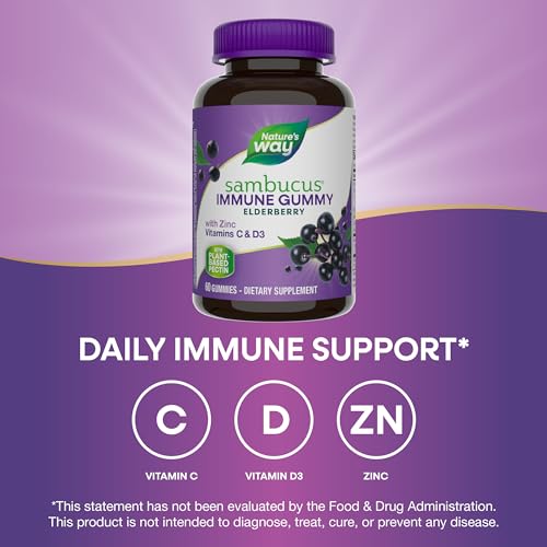 Nature's Way Sambucus Elderberry Gummies - Immune Support with Vitamin C, D3, Zinc - 60 Count