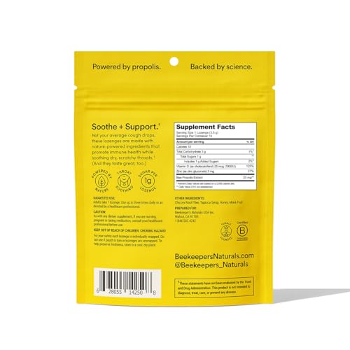 Beekeeper's Naturals Throat Lozenges - Immune Support with Honey, Vitamin D & Zinc - 14 Ct