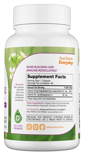 Zahler Vitamin D3 K2 Supplement - Supports Bone Density & Calcium Absorption - 60 Capsules