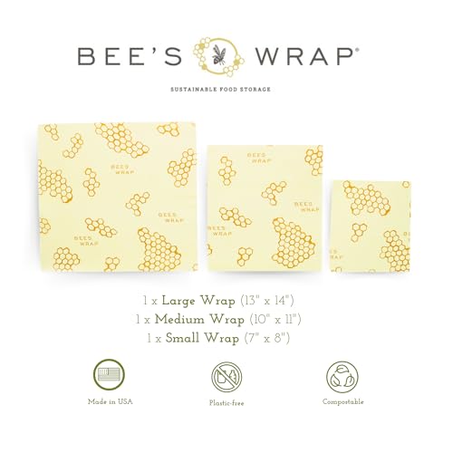 Bee's Wrap Reusable Beeswax Food Wraps - Natural Food Storage, Organic Cotton, 3 Assorted Sizes