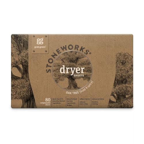 Grab Green Stoneworks Dryer Sheets - Softens Fabrics, Reduces Static, Oak Tree Scent - 80 Sheets