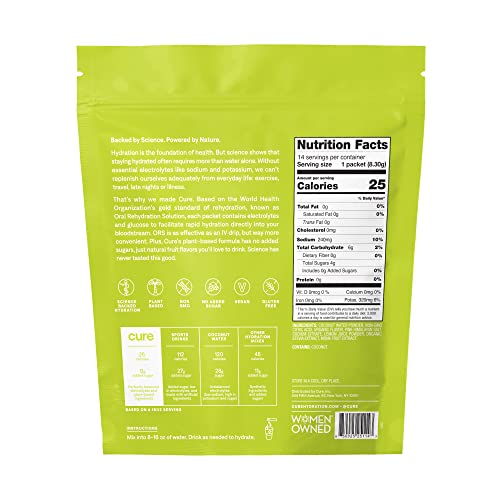 Cure Hydration Powder Packets - Rapid Electrolyte Absorption, Coconut Water, Vegan, 28 Packets
