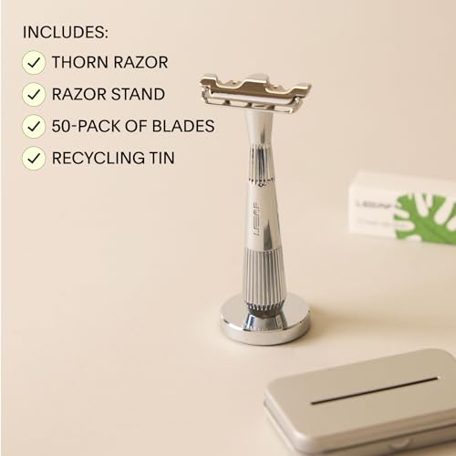 Leaf Shave Thorn Razor Set - Ultra-Close Shave, Blade Recycling Tin, 50 Blade Refills