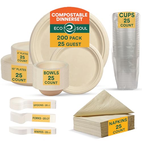 ECO SOUL 200 Pcs Compostable Dinnerware Set - Durable, Biodegradable for 25 Guests