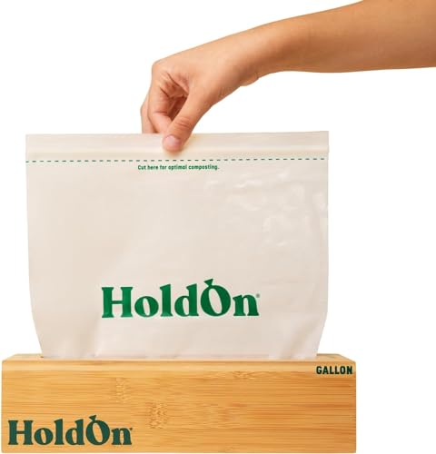 HoldOn Zipseal Gallon Bags & Bamboo Holder - BPA-Free, Compostable, 10.75" x 10.56"