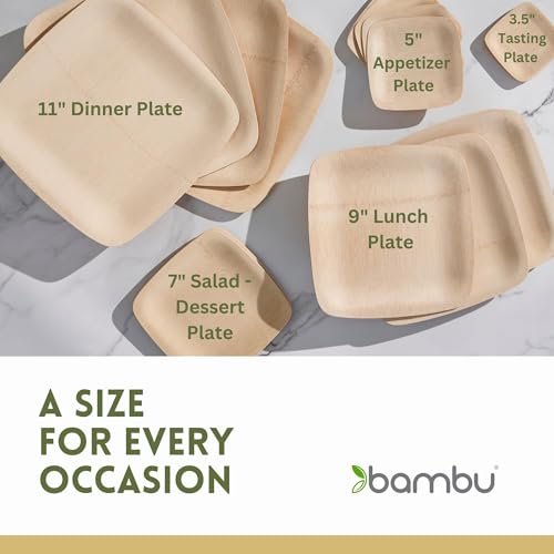 Bambu Disposable Bamboo Square Plates - Organic, Biodegradable, Heavy Duty, 11" - Pack of 25