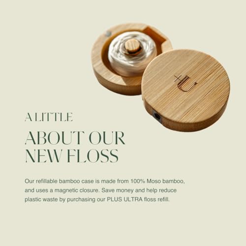 New Plus Ultra Dental Floss - Mint Flavor, 100% Recycled Nylon, Refillable Bamboo Case - 32 Yards