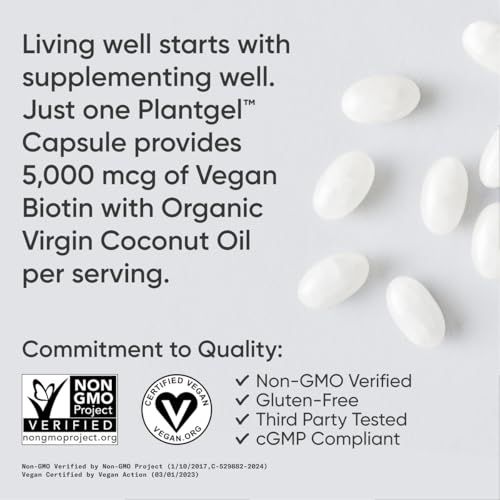 Sports Research Vegan Biotin 5000mcg - Supports Healthier Hair & Skin, Non-GMO - 120 Softgels