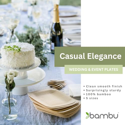 Bambu Disposable Bamboo Square Plates - Organic, Biodegradable, Heavy Duty, 11" - Pack of 25