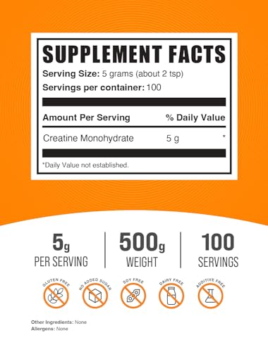 BulkSupplements Creatine Monohydrate Powder - 5g Per Serving, Micronized & Gluten Free - 500g