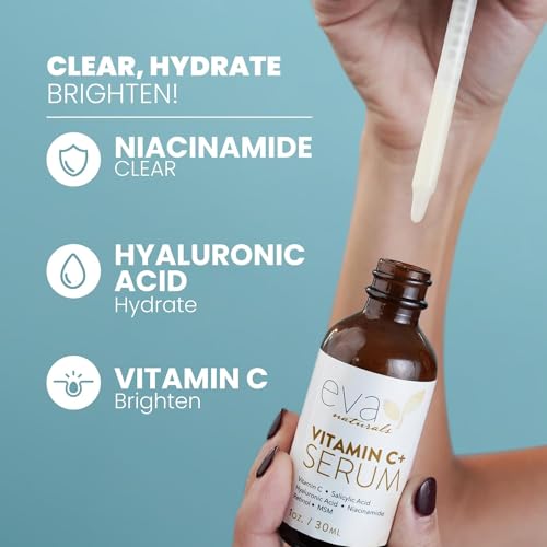 Eva Naturals Vitamin C Face Serum - Reduces Dark Spots & Wrinkles, Hydrating & Brightening - 1oz