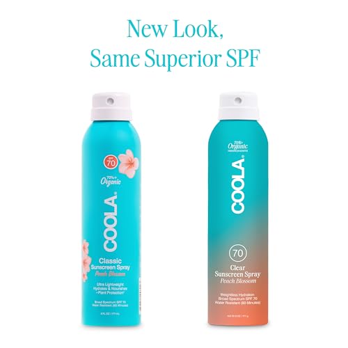 COOLA Organic Sunscreen SPF 70 Spray - Broad Spectrum Protection, Peach Blossom Scent - 6 Fl Oz