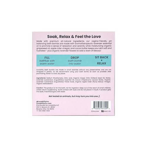 Lovability Bath Bombs - Moisturizing Lavender Bliss, pH Balanced for Sensitive Skin - 4 Count