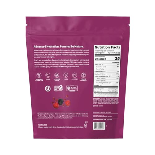 Cure Hydration Plant-Based Electrolyte Drink Mix - Rapid Rehydration, Non-GMO, Vegan - 14 Packets