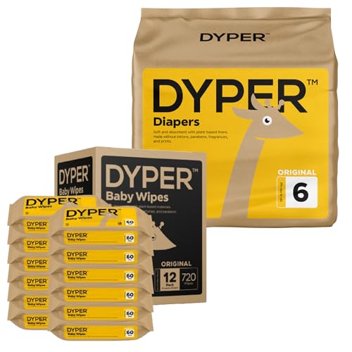 DYPER Bamboo Baby Diapers & Wipes Bundle - Soft, Absorbent, Hypoallergenic - Size 6, 720 Count