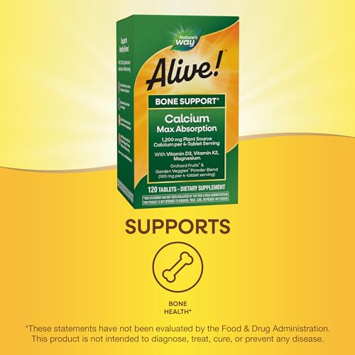 Nature's Way Alive! Vitamin D & K2 Supplement - Bone Support, Plant-Sourced Calcium - 120 Tablets