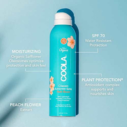 COOLA Organic Sunscreen SPF 70 Spray - Broad Spectrum Protection, Peach Blossom Scent - 6 Fl Oz