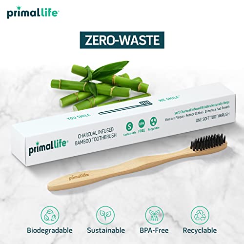 Primal Life Organics Charcoal Toothbrush - Gentle on Gums, Bamboo & Charcoal, 2-Pack